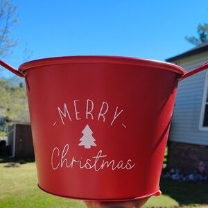 Red Merry Christmas Metal Holiday Bucket